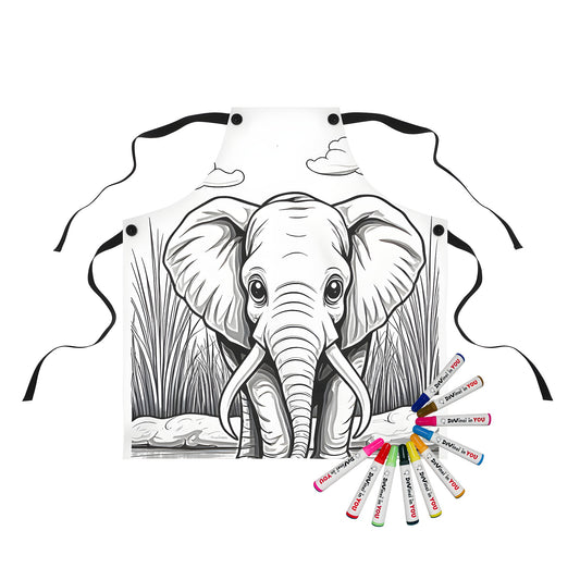 Apron featuring a soothing Black and white illustration of an elephant standing by serene water surrounded by lush green grass and fluffy white clouds, evoking a sense of peace and tranquility.