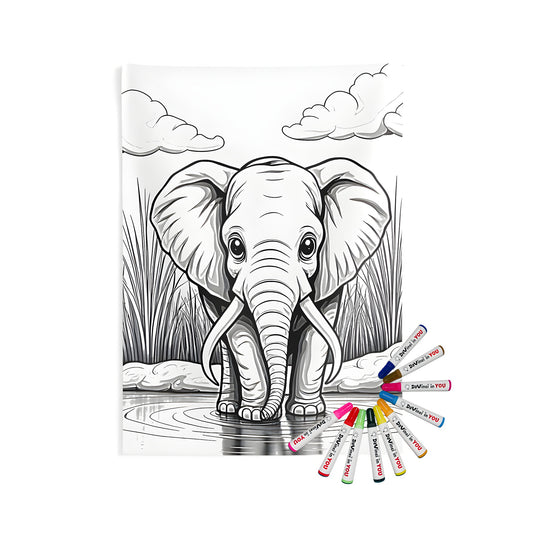 Indoor wall tapestry featuring a serene black and white elephant illustration with water, grass, and clouds