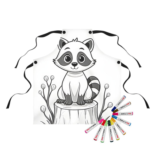 A charming raccoon design on an apron, featuring a cute cartoon raccoon with big eyes sitting on a tree stump surrounded by foliage.