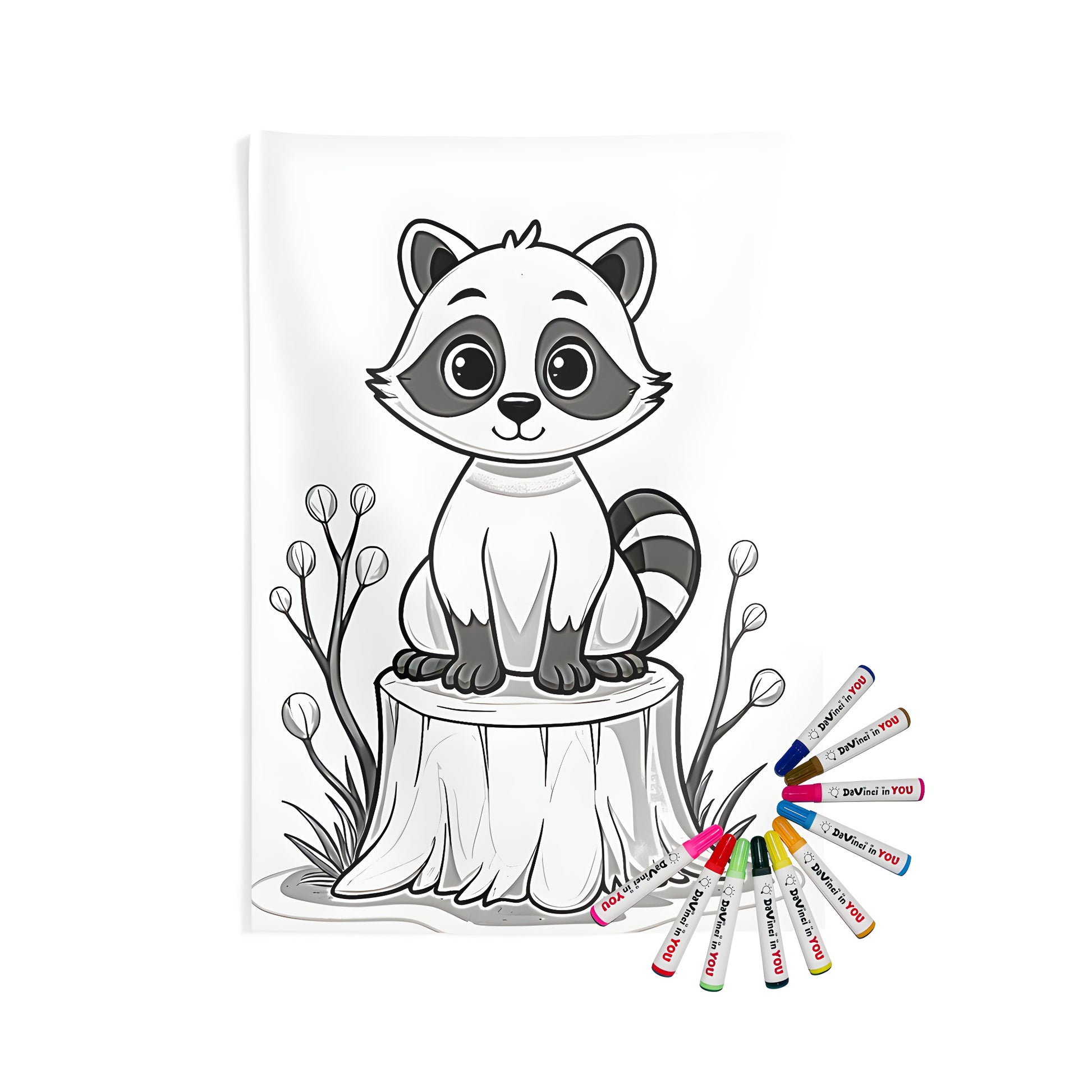 Coloring kit for indoor wall tapestries featuring a cute raccoon, mask, bandit, critter, or furry forest creature scene with cartoon style illustration