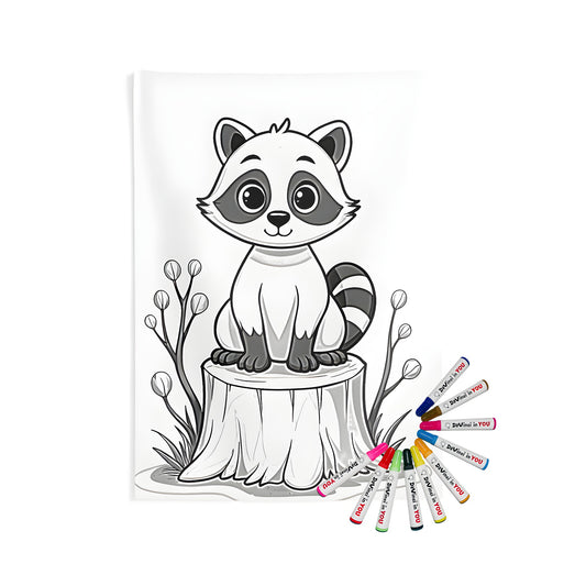Coloring kit for indoor wall tapestries featuring a cute raccoon, mask, bandit, critter, or furry forest creature scene with cartoon style illustration