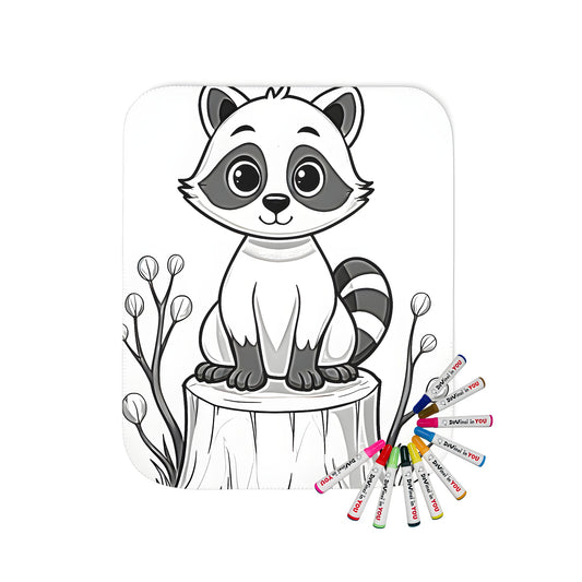 Blanket with cute raccoon design, cartoon-style illustration of raccoons on tree stump