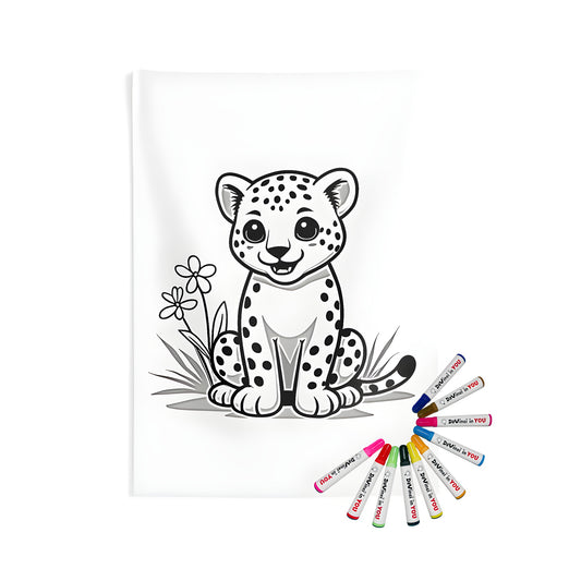 Adorable Cartoon Leopard Indoor Wall Tapestry Design, Black and White Outline Coloring Page