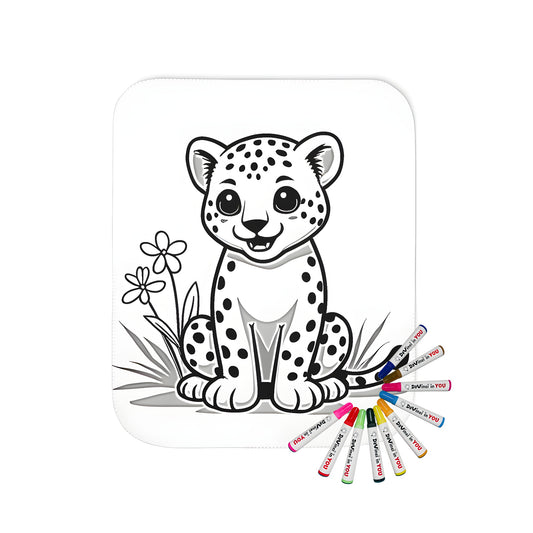 Cozy blanket featuring a cute cartoon leopard illustration with a fun coloring page design