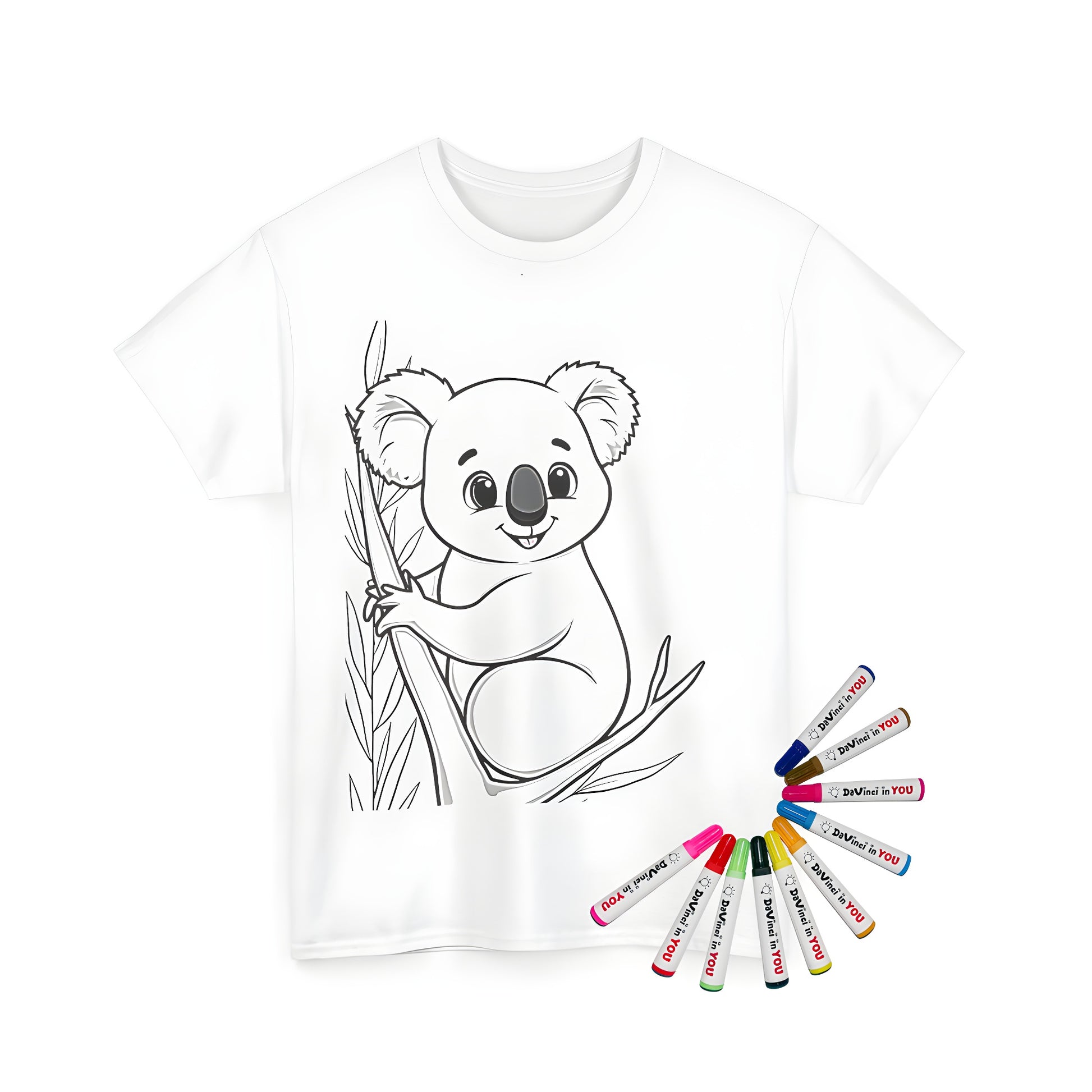 A cute koala or marsupial joyfully clings to a tree branch on a unisex t-shirt, perfect for coloring and fun activities.