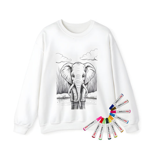 Adult sweatshirt featuring a serene elephant illustration by water amidst lush greenery and fluffy clouds