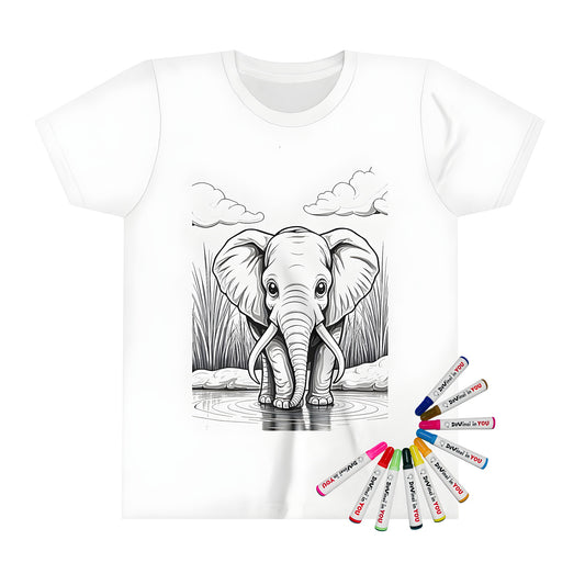 Peaceful elephant illustration on kid's t-shirt with water scene, grass, and clouds