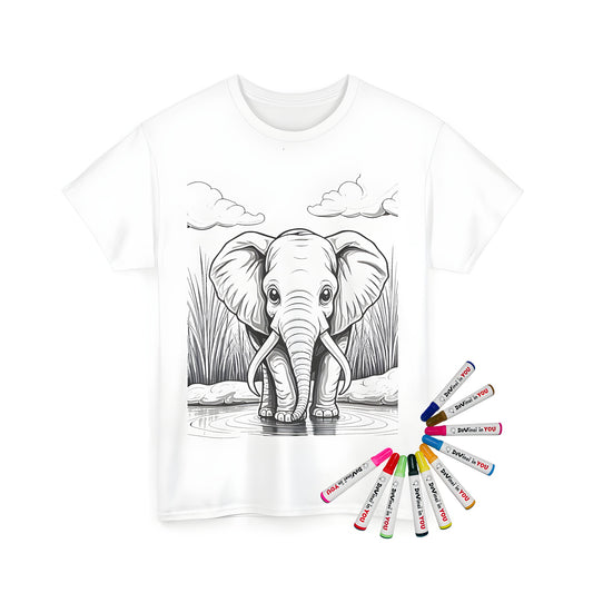 Peaceful elephant illustration on unisex t-shirt, featuring serene landscape of water and grasslands