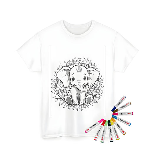 A cute cartoon elephant illustration on a unisex t-shirt, featuring big eyes and surrounded by a wreath of leaves, colorful and fun