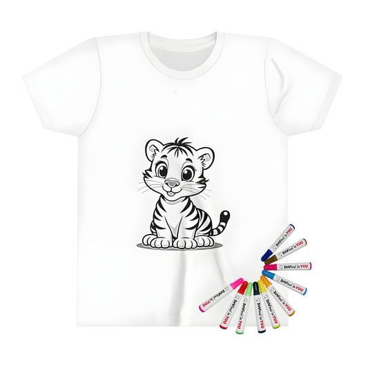 Cute kids' t-shirt with fun coloring page design of a sitting tiger, lion, kitty cat, or wild feline illustration - great for art and coloring activities