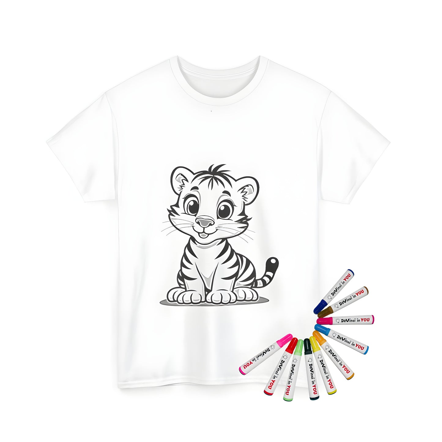 Coloring kit with 10 fabric markers on unisex t-shirt featuring cute cartoon tiger illustration