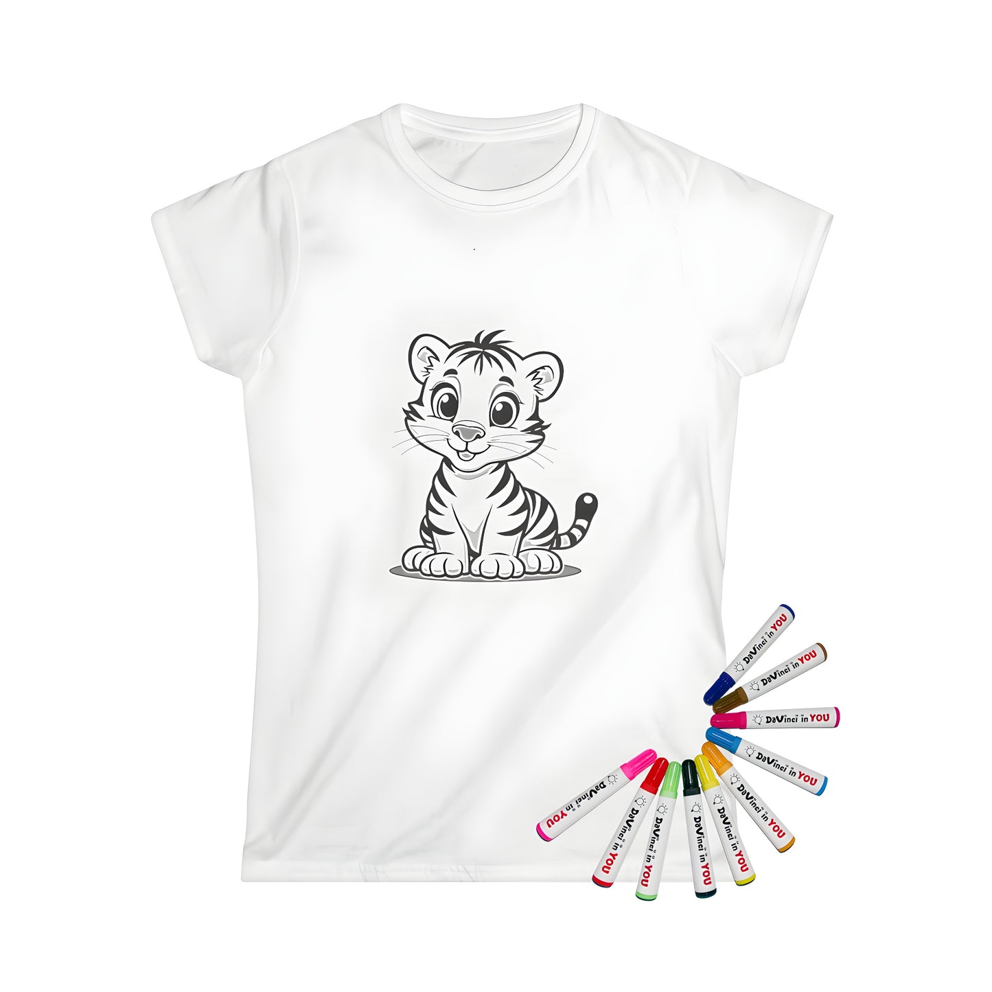 Women's T-shirt with adorable tiger design for adult coloring book enthusiasts. Includes fabric markers