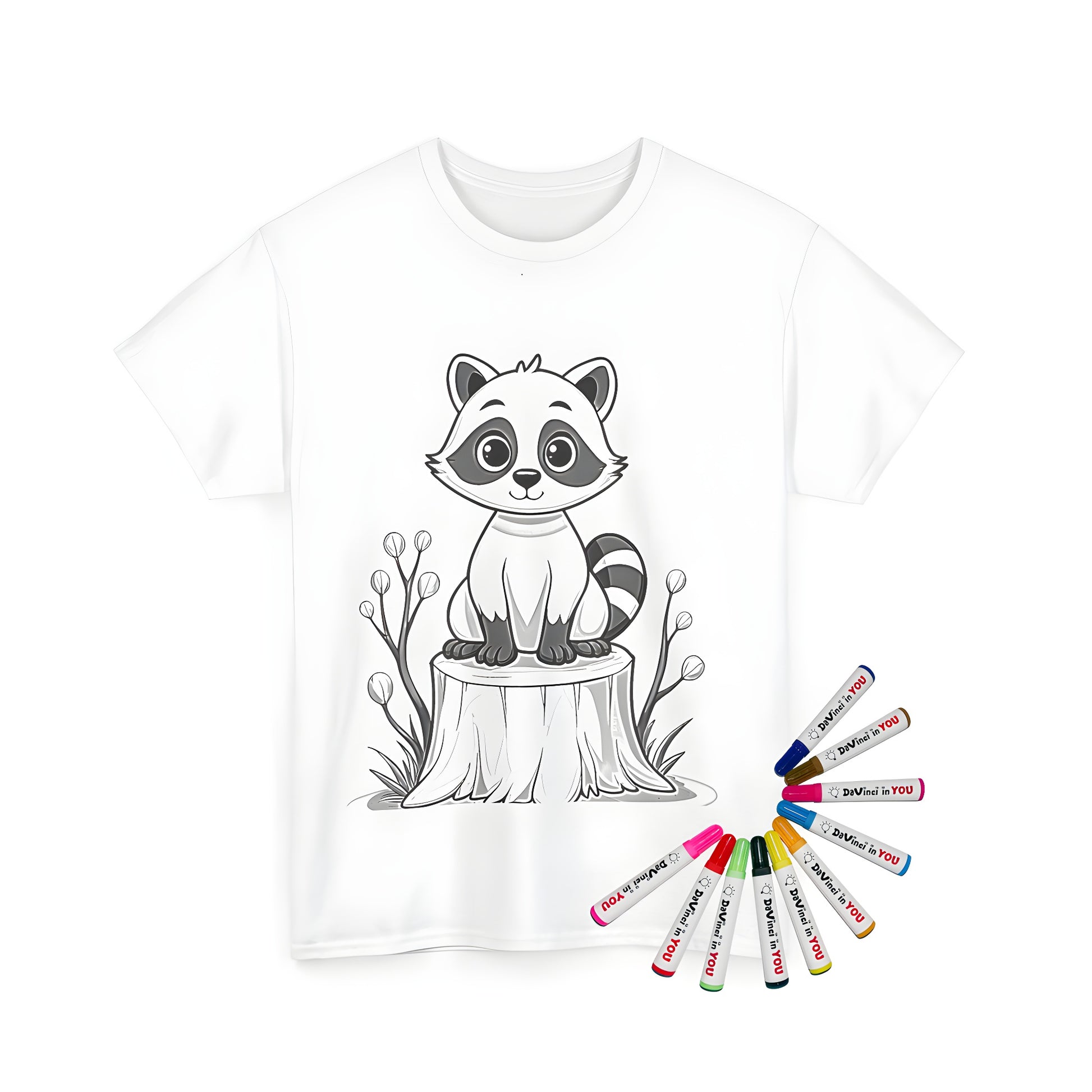 A cute raccoon, maskw wearing bandit, masked bandit shirt with cartoonish illustration of a raccoon on a unisex t-shirt