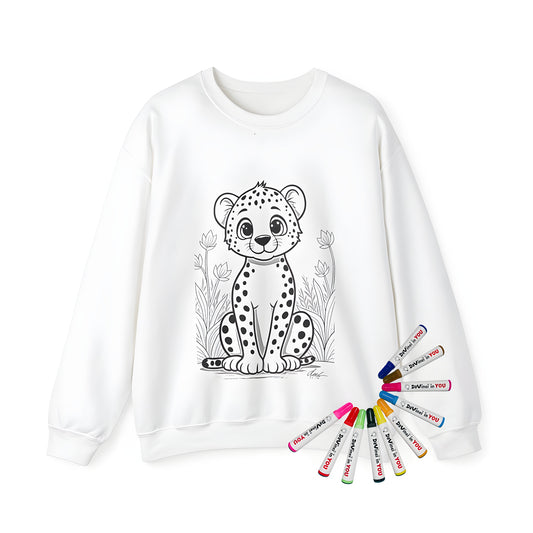 Adult sweatshirt featuring a cute cheetah design, surrounded by colorful grass and flowers