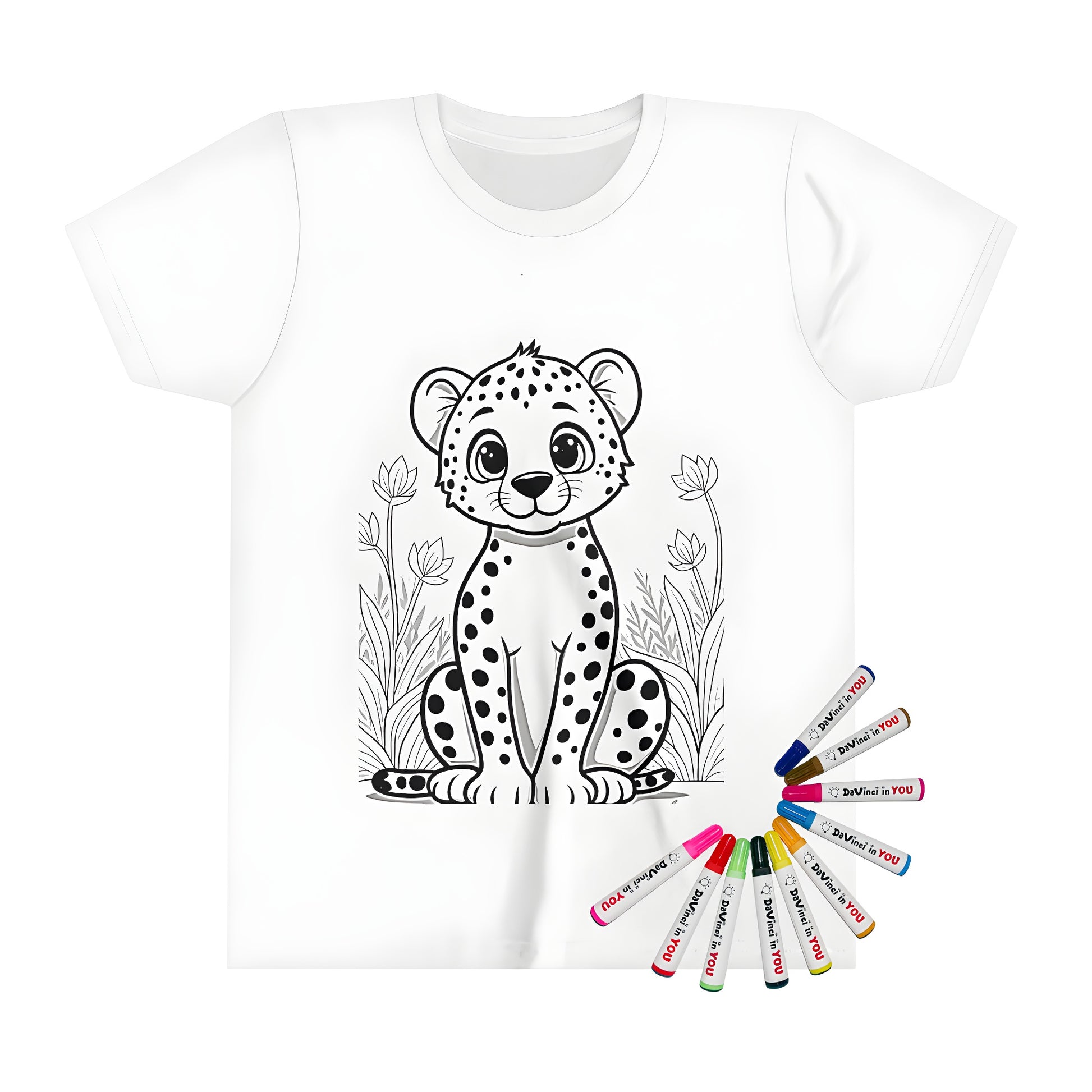 Colorful kid's t-shirt featuring a playful baby cheetah, leopard, or panther design amidst a grassy landscape