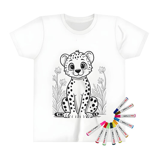 Colorful kid's t-shirt featuring a playful baby cheetah, leopard, or panther design amidst a grassy landscape