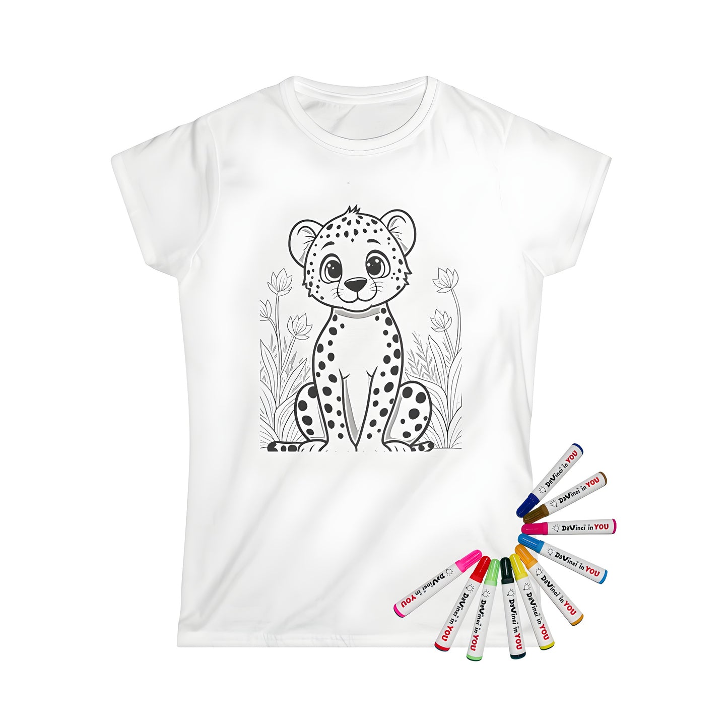 Women's t-shirt featuring a colorful cheetah design with baby cheetah surrounded by grass and flowers. Great gift idea for animal lovers!