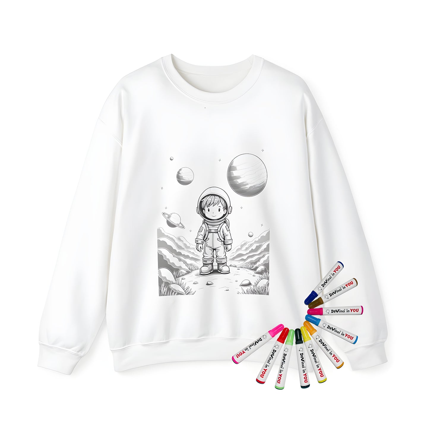 Adult sweatshirt with astronaut design featuring a young spaceman on an alien landscape