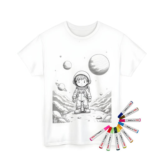 Unisex t-shirt featuring astronaut-themed coloring page design