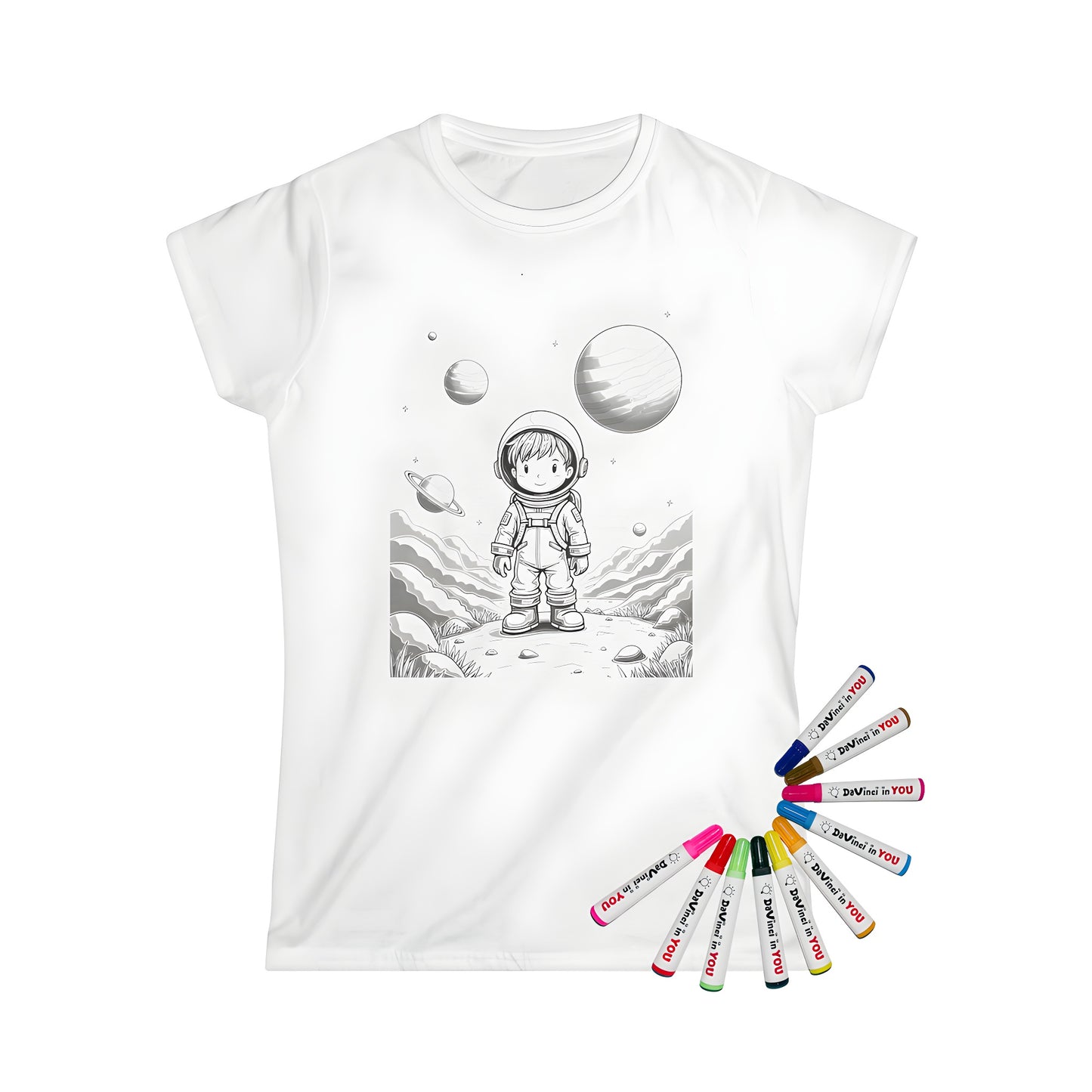 A young space traveler woman wearing a colorful astronaut costume on a women's t-shirt