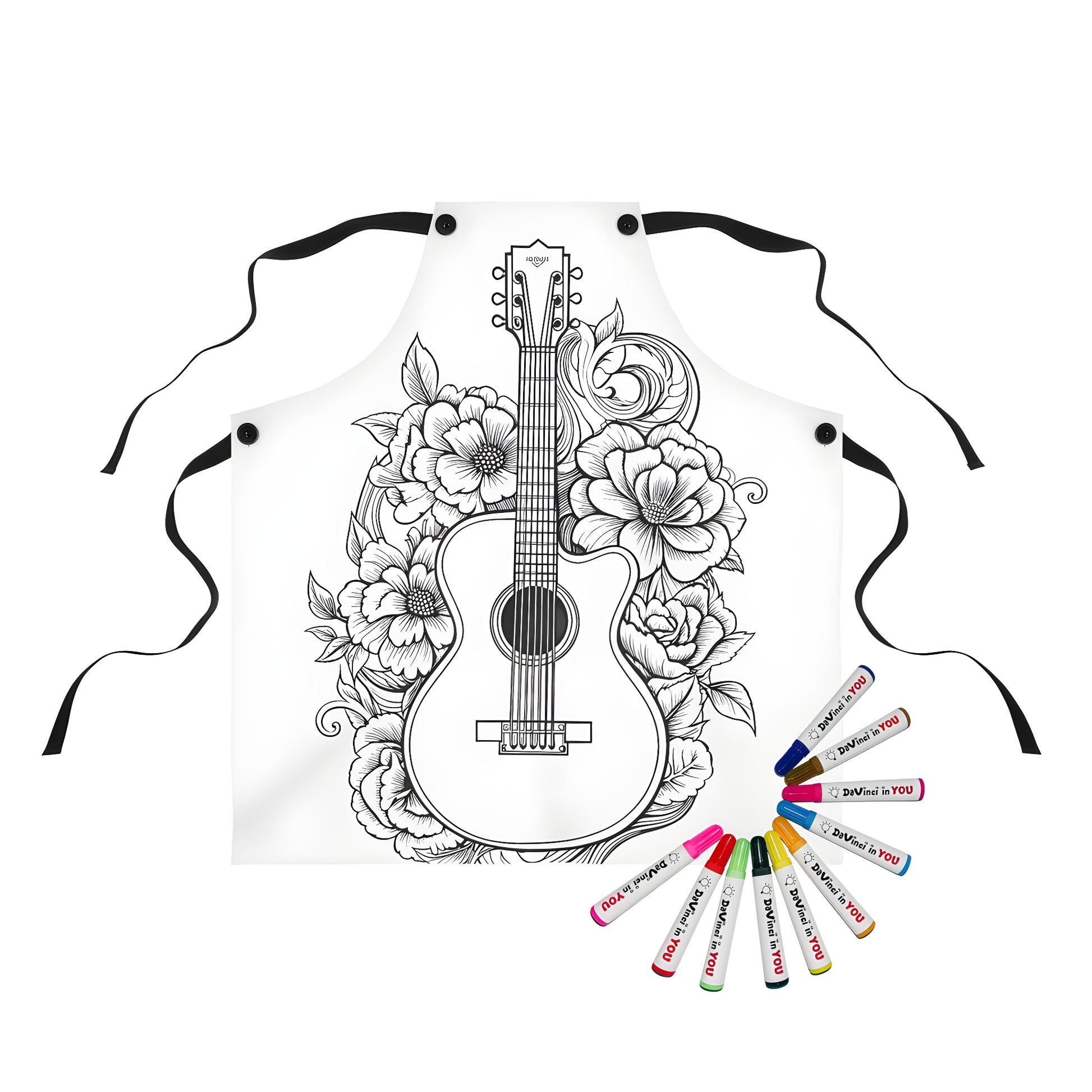 A colorful apron featuring a guitar-inspired design with blooming flowers and decorative swirls