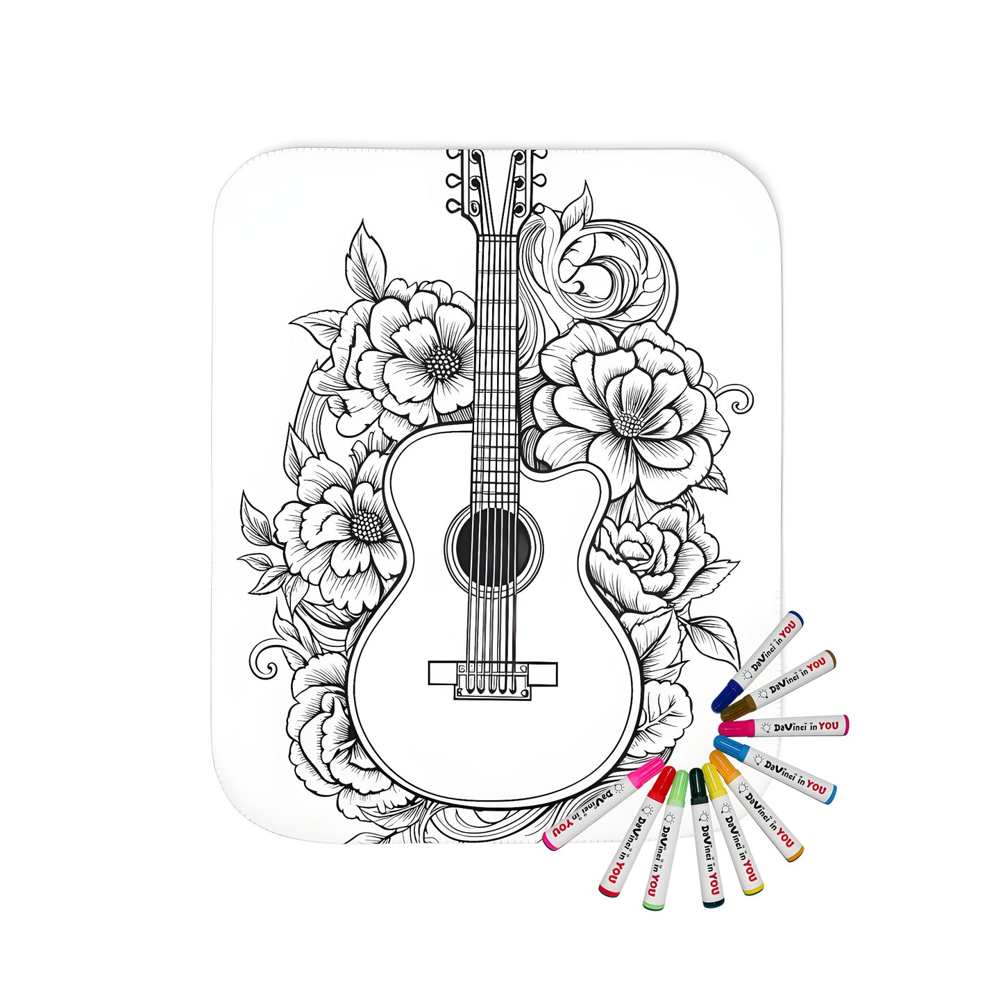 Blanket with musical instrument design featuring an acoustic guitar, flowers, and elegant patterns for a unique and cozy home decor