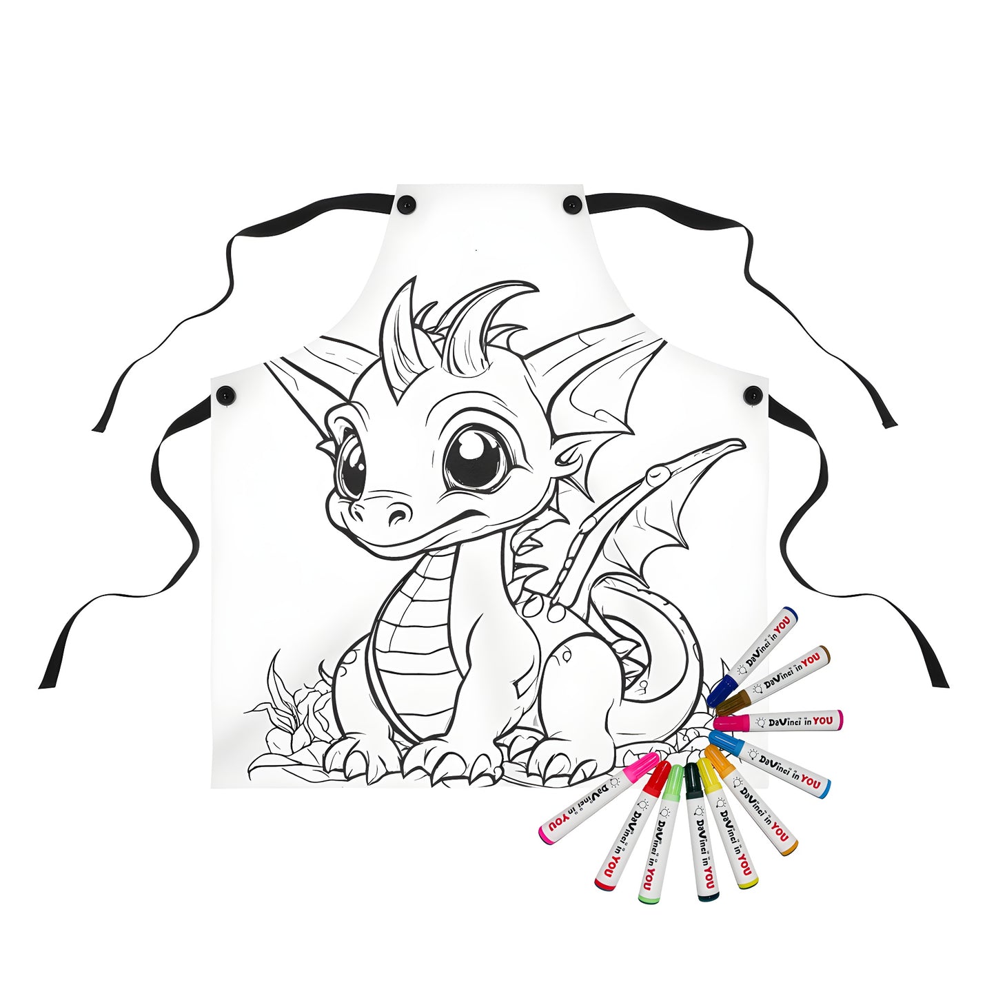 Apron with cute baby dragon design, featuring big eyes, small wings, and playful demeanor. Part of a coloring kit with fabric markers