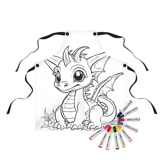 Apron with cute baby dragon design, featuring big eyes, small wings, and playful demeanor. Part of a coloring kit with fabric markers