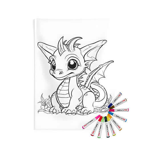 Indoor wall tapestry design featuring a cute baby dragon with big eyes surrounded by foliage