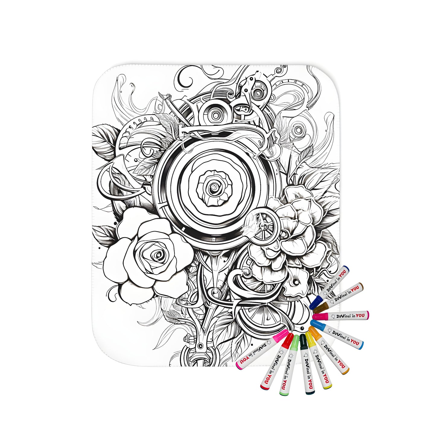 Intricate black and white blanket design featuring detailed roses surrounded by abstract mechanical and floral elements