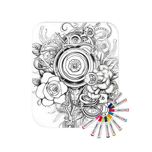 Intricate black and white blanket design featuring detailed roses surrounded by abstract mechanical and floral elements