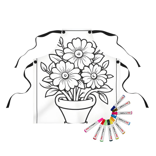 Coloring kit apron with vibrant fabric markers, features a blooming flower pot design