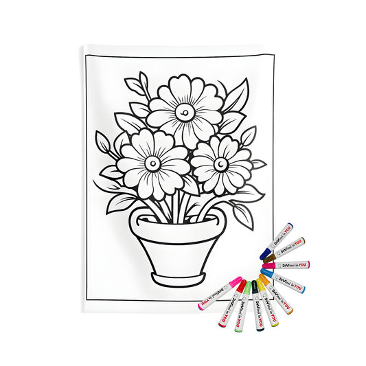 Indoor wall tapestries and coloring kit featuring a potted flower design, indoor wall hanging with fabric markers