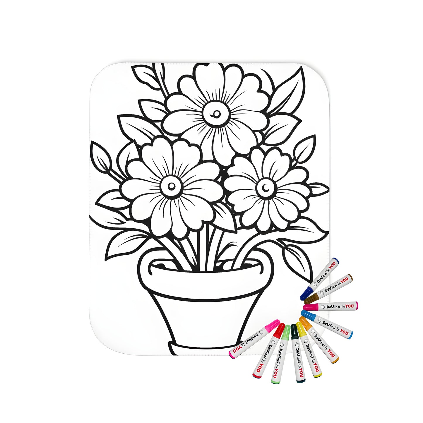 Blanket with a beautiful potted flower illustration, featuring three blooming flowers and lush green leaves, perfect for adult coloring book enthusiasts.