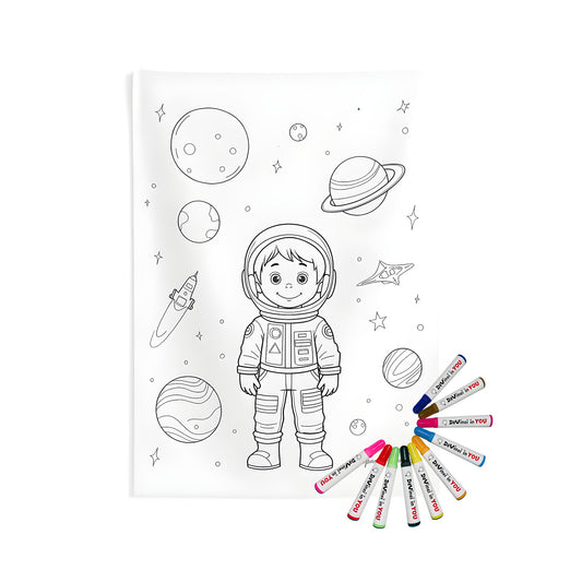 Indoor wall tapestries coloring kit with space adventure design, featuring astronaut and planetary theme