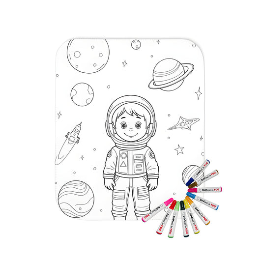 Coloring blanket featuring a young astronaut in space, planets, stars, and spaceships