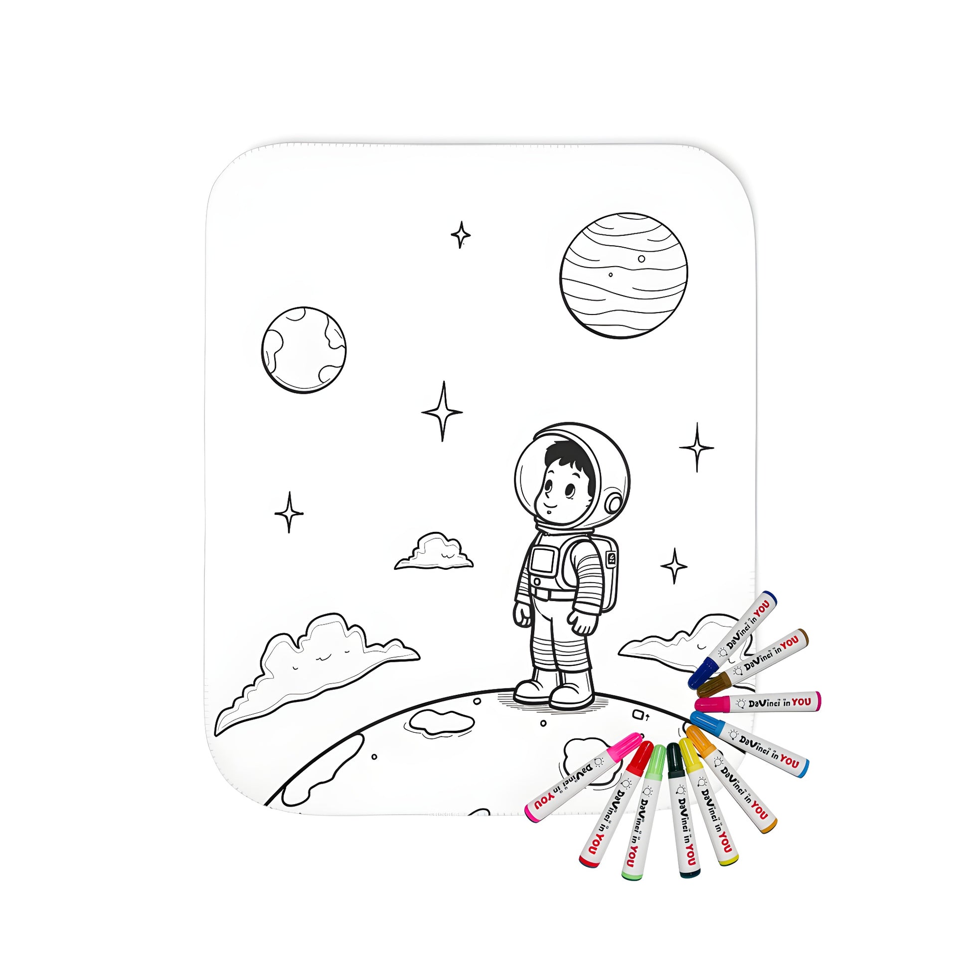 A young astronaut blanket with planetary surface and starry night sky design for kids or adults. Great gift idea for space enthusiast or science lover.