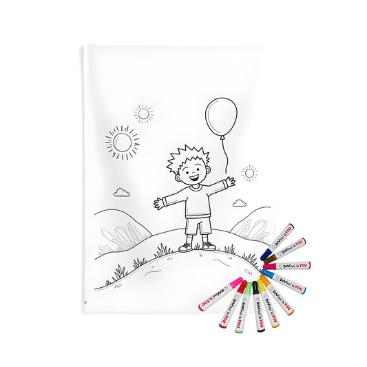 Coloring kit for indoor wall tapestries featuring a boy holding a balloon