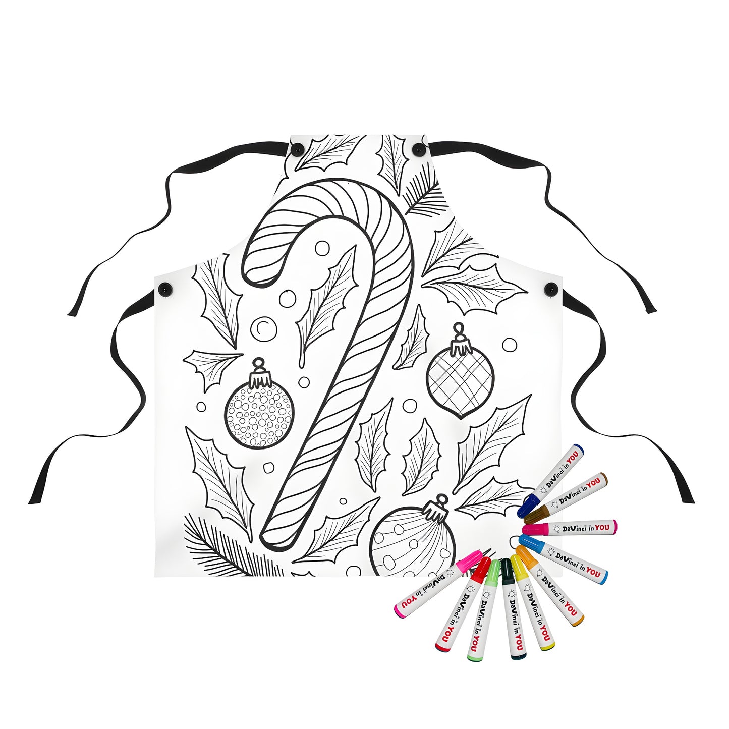 Candy cane and ornament apron for adults, Christmas coloring page inspired design, festive holiday apron