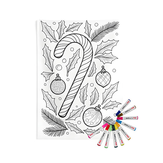 A colorful Christmas-themed wall tapestry with candy cane designs, ornament patterns, and festive decorations