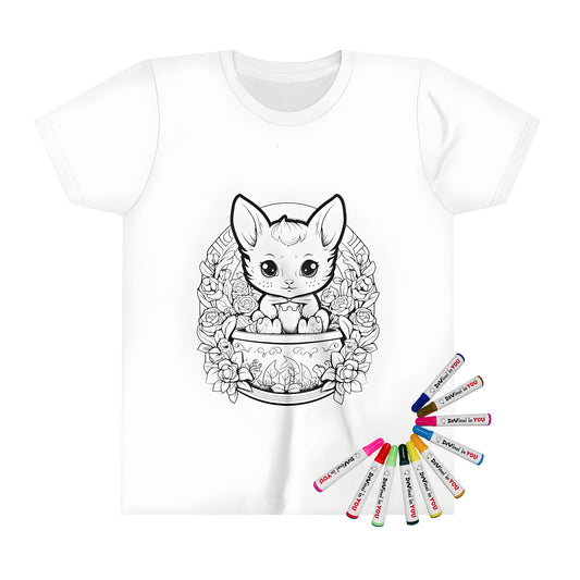 Whimsical cat and flower pot design on kid's t-shirt