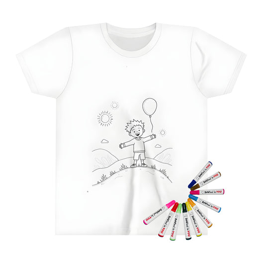 Cheerful boy holding balloon on colorful kids' t-shirt for fun coloring kit