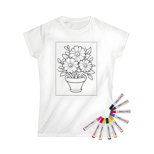 Women's T-shirt featuring a colorful potted flower, pot plant, or blooming garden illustration design with vibrant fabric markers