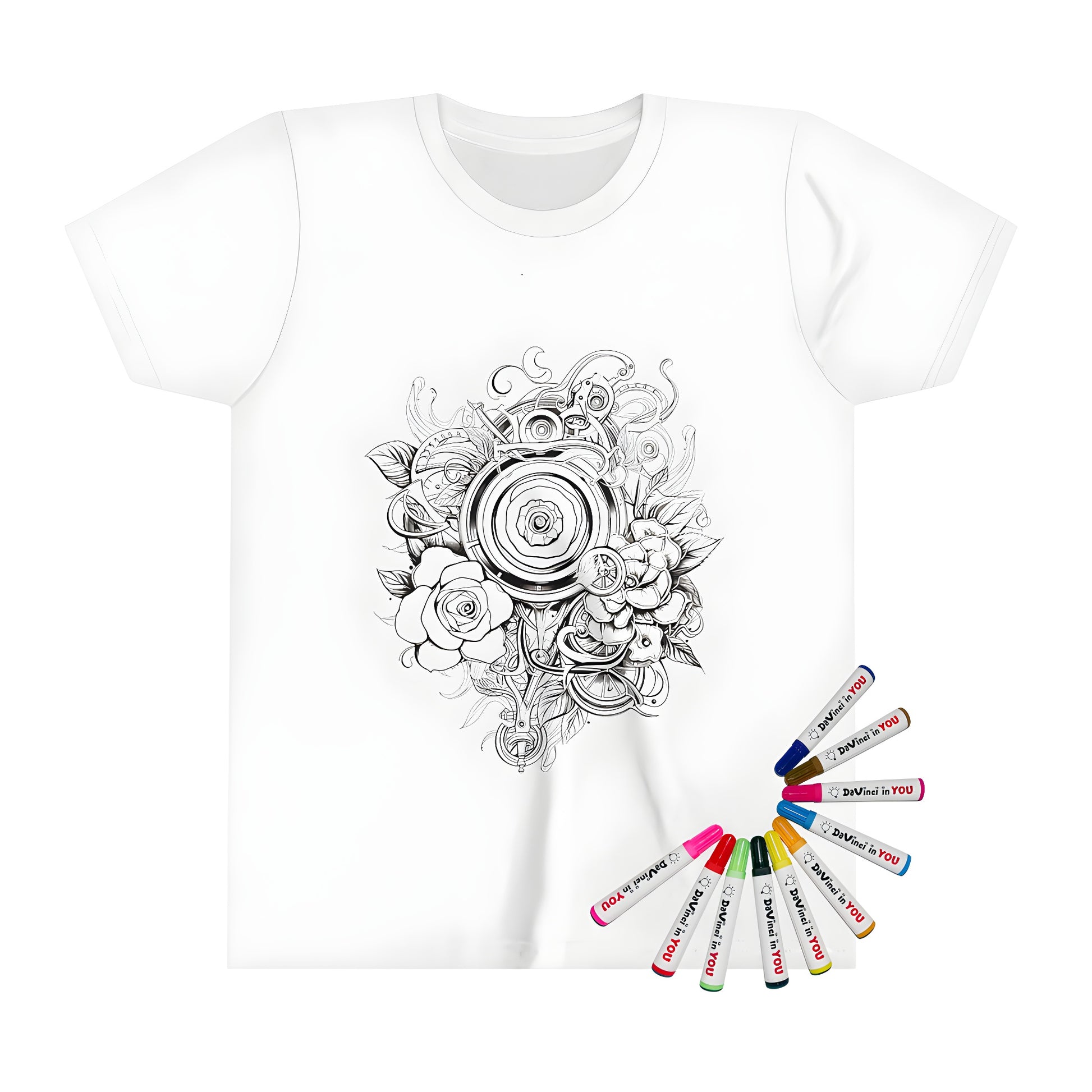 Kid's T-shirt with Intricate floral art design featuring roses surrounded by mechanical elements, perfect for kids who love to color and express themselves creatively.