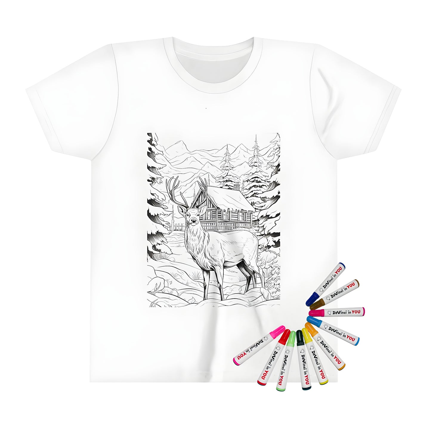 A kid's colorful t-shirt featuring a winter deer scene with trees and a cabin