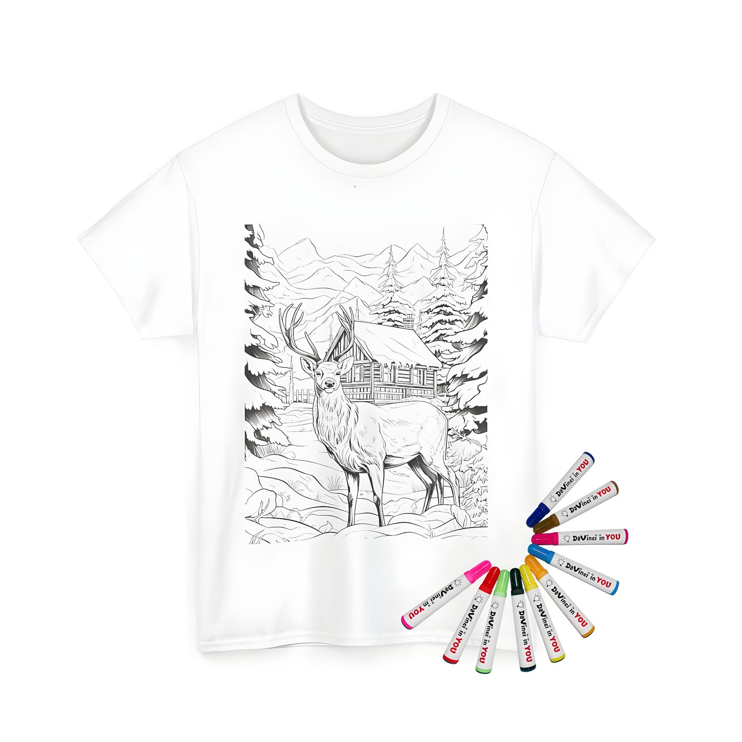 Detailed deer coloring page on a unisex t-shirt in a snowy forest setting