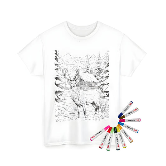 Detailed deer coloring page on a unisex t-shirt in a snowy forest setting