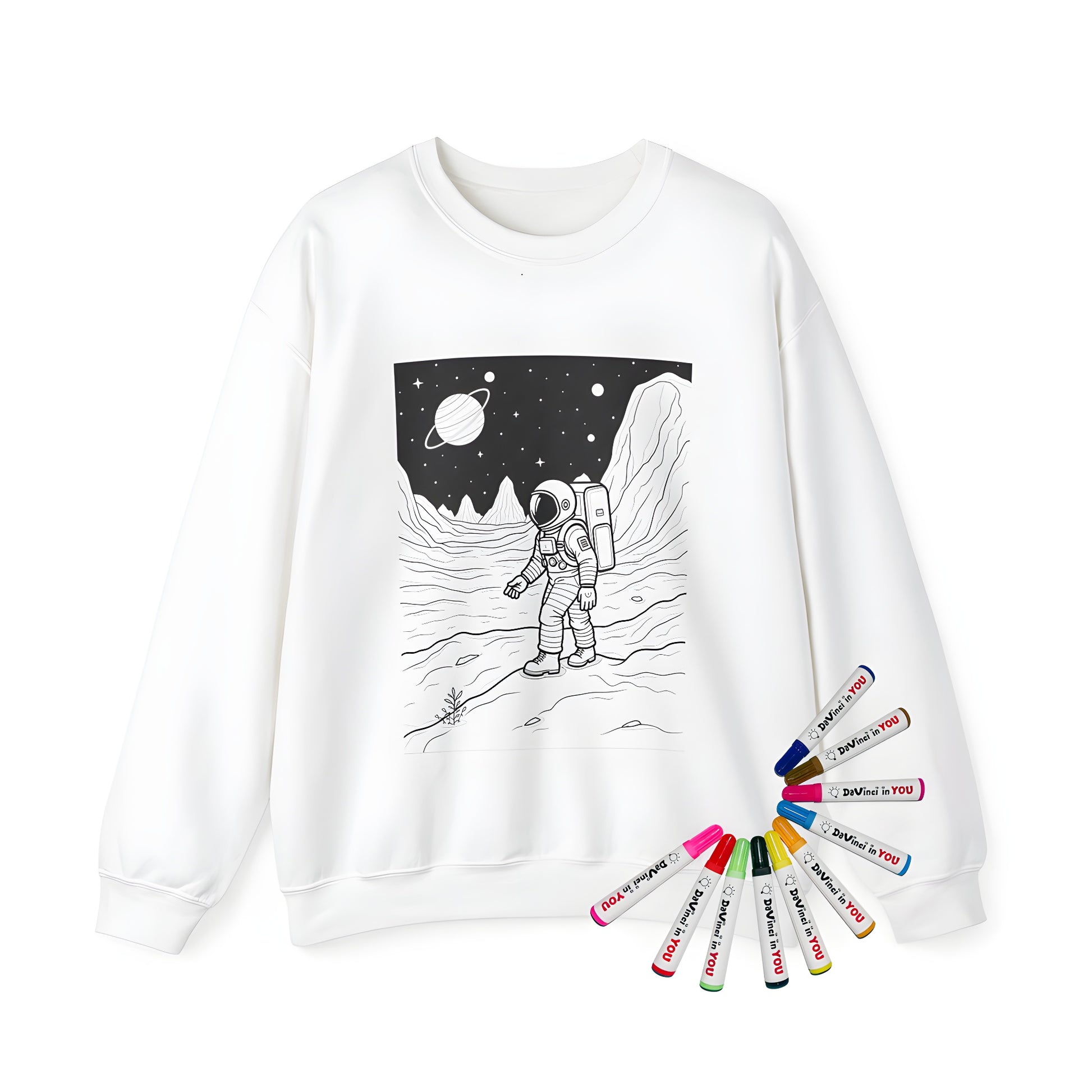 Adult sweatshirt featuring an astronaut exploring a mountainous alien landscape with distant planets