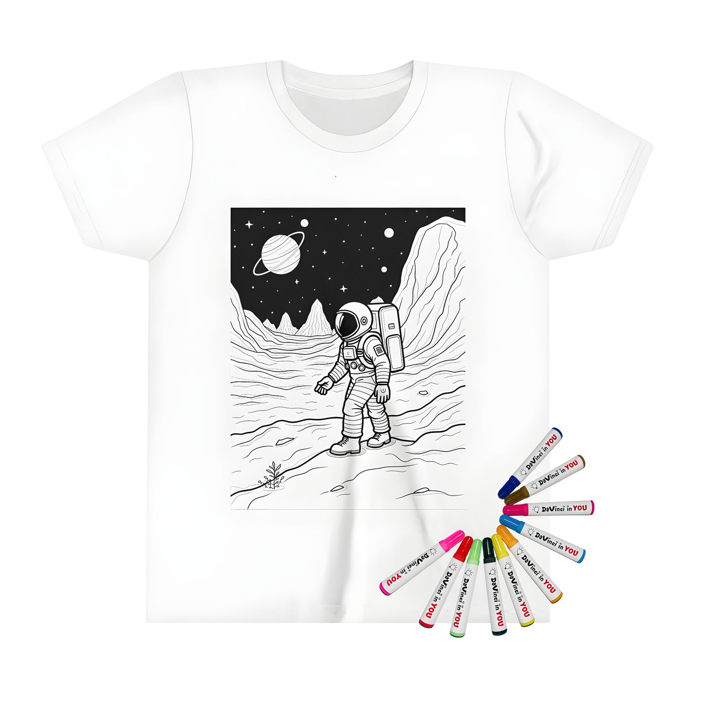 Kid's T-shirt with astronaut design, featuring an adventurous kid exploring a colorful alien landscape with planets in the sky.