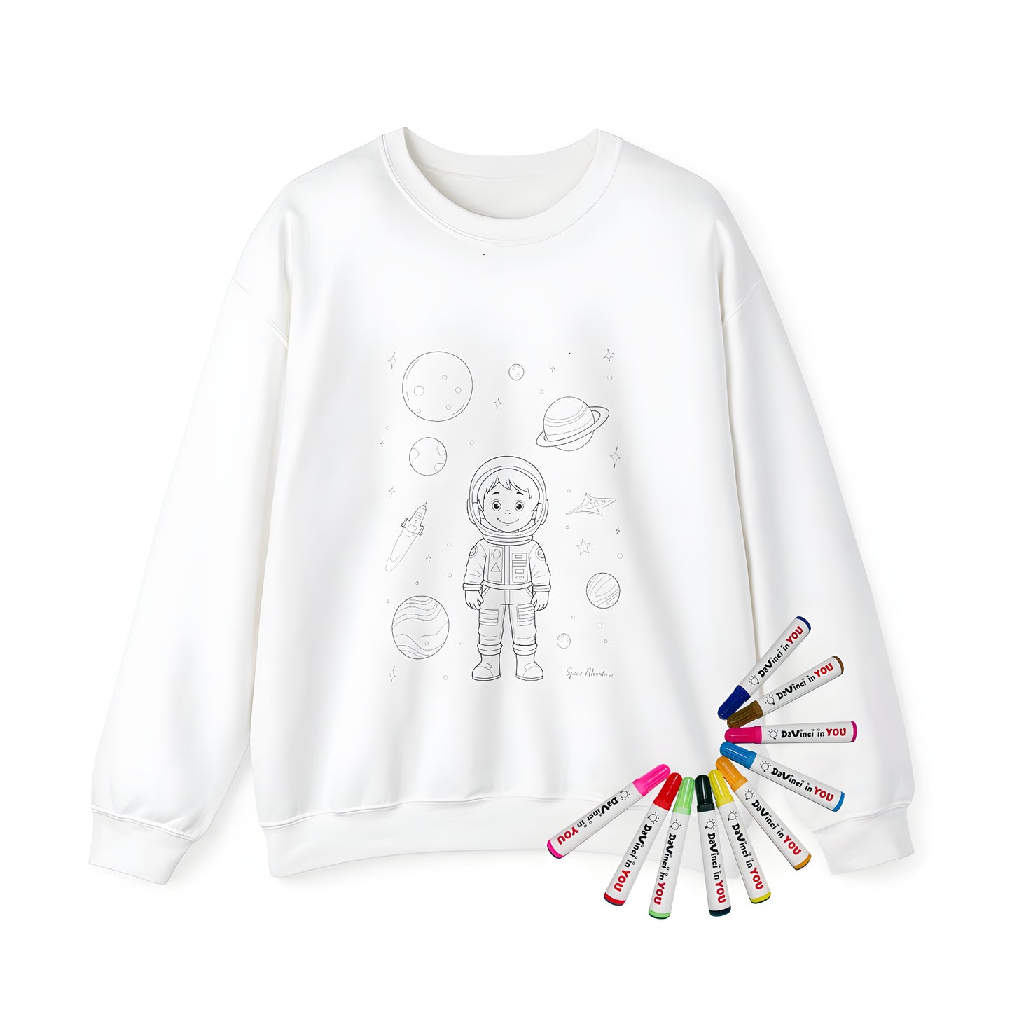 Adult sweatshirt with vibrant space adventure design featuring young astronaut, planets, stars, and spaceships